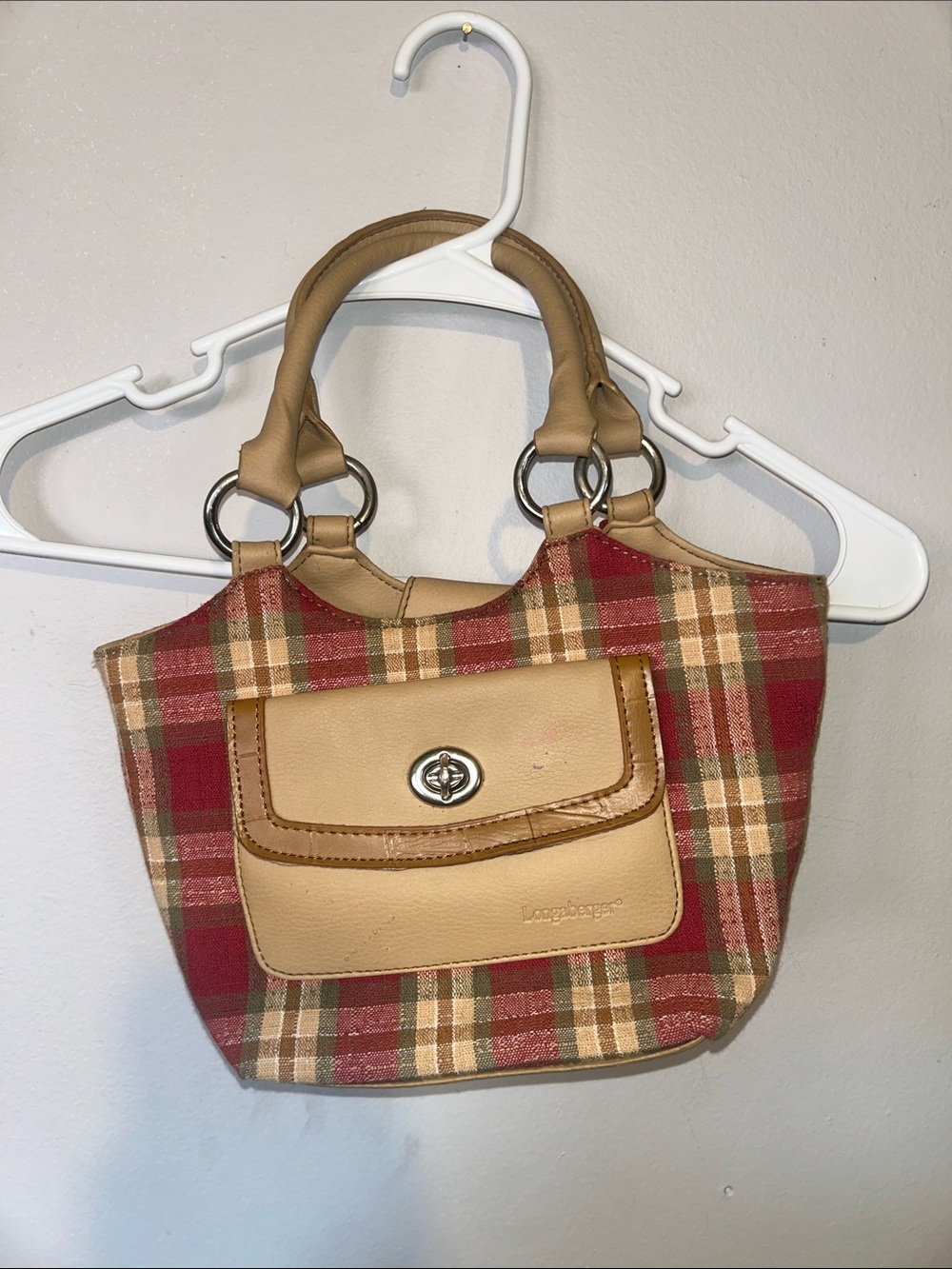 Longaberger Red Plaid Mini Tote with Tan Leather Accents